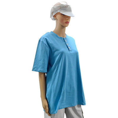 ห้องสะอาด 99% ผ้าใบ + 1% สายใยคาร์บอน สีฟ้า Unisex ESD เสื้อยืด O-neck แอนติสแตตติก 3 ปุ่ม