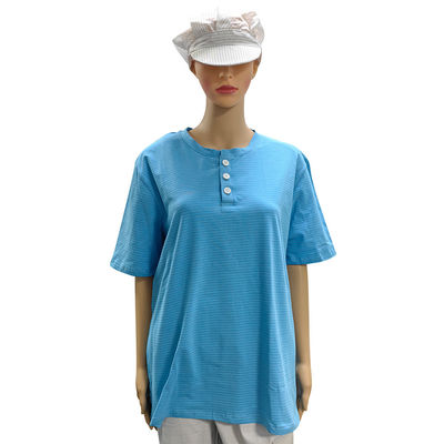 ห้องสะอาด 99% ผ้าใบ + 1% สายใยคาร์บอน สีฟ้า Unisex ESD เสื้อยืด O-neck แอนติสแตตติก 3 ปุ่ม
