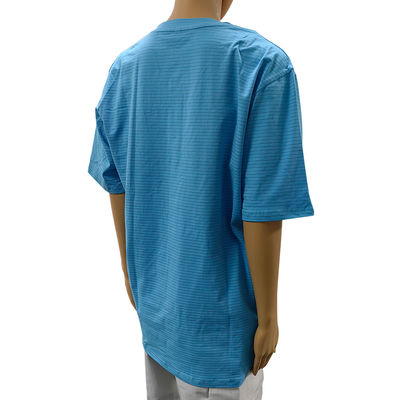 ห้องสะอาด 99% ผ้าใบ + 1% สายใยคาร์บอน สีฟ้า Unisex ESD เสื้อยืด O-neck แอนติสแตตติก 3 ปุ่ม