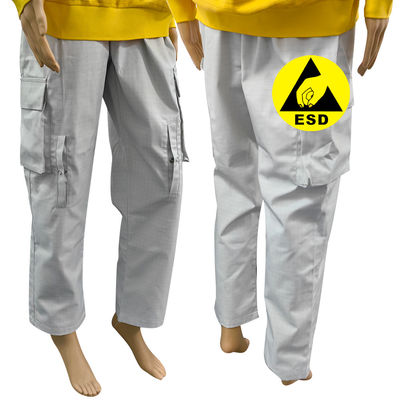 กางเกงยาวกันสติก ห้องสะอาด 67% โพลิเอสเตอร์ + 31% ผ้าใบ + 2% สายคาร์บอน กางเกง ESD สีเทา