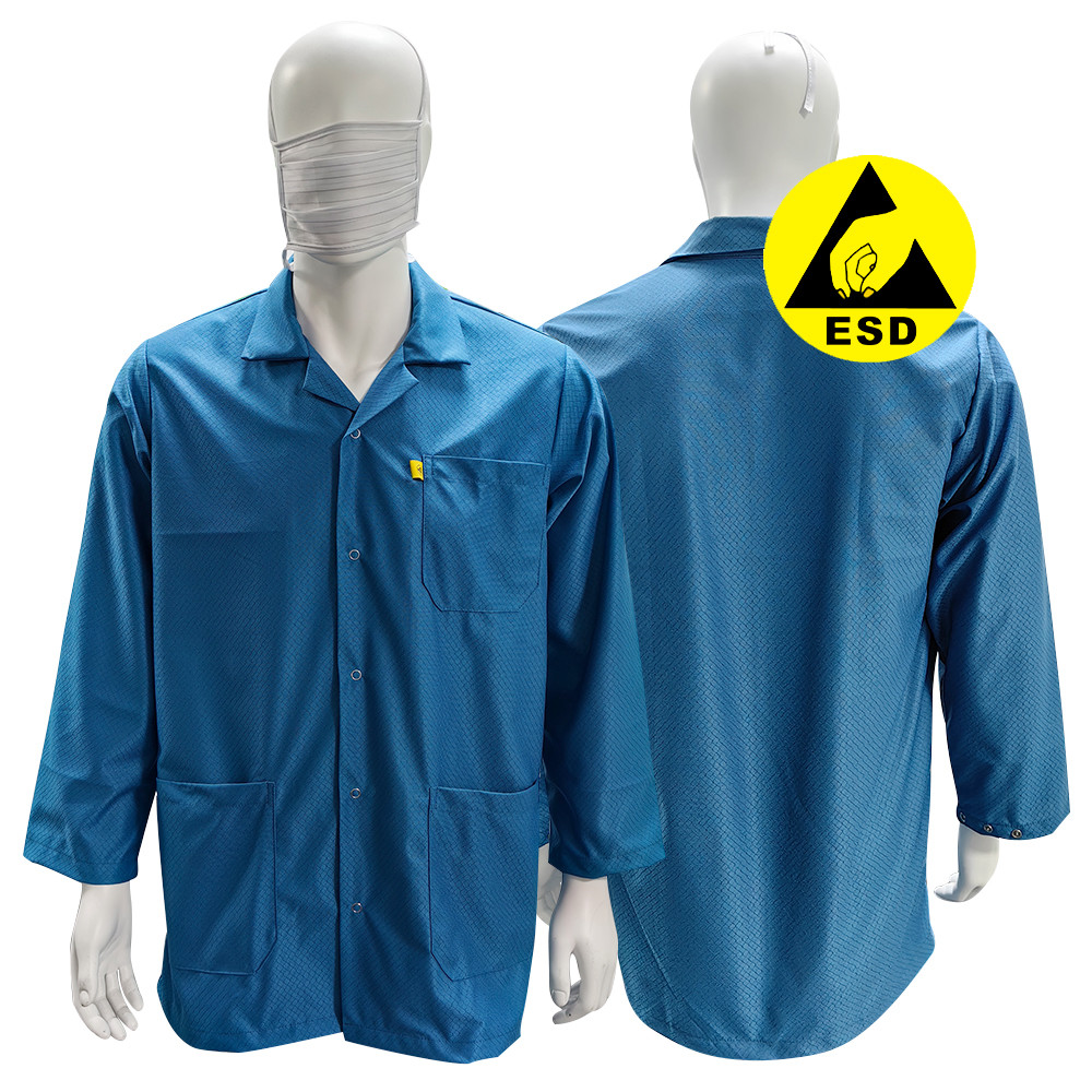 Esd Smock Rack สีฟ้า สามารถล้างได้ ห้องสะอาด ESD สโมค เสื้อผ้ากันสติก เสื้อผ้า 96% โ ...